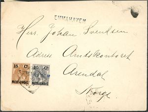 Netherland India. One 10 c and one 15 c on envelope to Arendal, Norway, cancelled very light "21.1.1904" together with a line (private?) postmark "Emmahaven". Arrival cds at reverse.