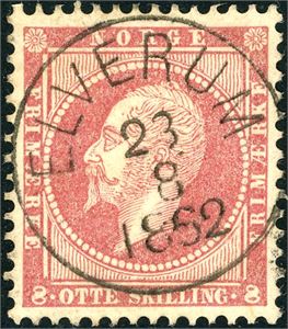 5. 8 skilling Oscar, vakkert fullstemplet "Elverum 23.8.1862".