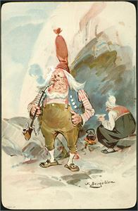 N. Bergslien. Nisse med pipe og kona ved gruen. Datert 1900. K-2