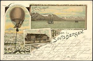 Tre "Hilsen fra Spitsbergen"-postkort samt et med motiv hotellet. Varierende kvalitet.
