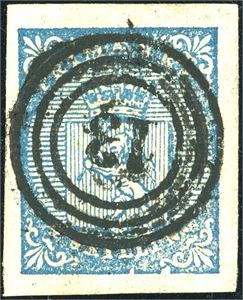 1. 4 skilling våpen 1855, anert med nummerstempel "13" (Aremark, ØF, 8 pkt). Gode marger.