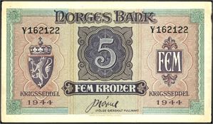 5 kroner London 1944, serie Y 162122. Noe stuket i øvre, høyre hjørne. 1+/01
