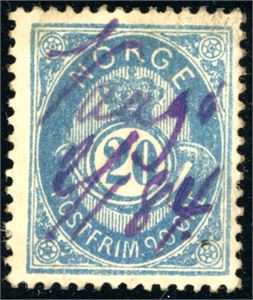 40 II. 20 øre blå 1883, annullert med håndskrevet "Vaagø 2/1 84" i lilla.