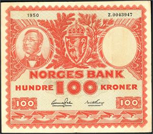 100 kroner 1950, serie Z.0043947. Erstatningsseddel. 2