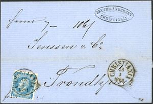 4. 4 skilling Oscar på brevomslag, stemplet "Christiania 18.4.1861" og sendt til Thronhjem. Forsiden er påskrevet "7 - 106", da dette brevet har ligget på topppen av en bunke på 7 brev til samme mottager, der mottageren måtte betale 106 skilling.