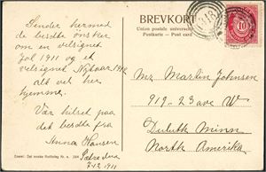 100. 10 øre Posthorn på postkort, annullert med 4-rings "318" (Sætre, Volden, MØ). Kortet er datert "Sætre den 7-12 1911".