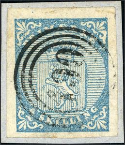 1. 4 skilling Våpen 1855 på lite brevstykke, annullert med nummerstempel "190" (Lyngen, TR, 9 pkt). Tre gode marger, litt smal nede.