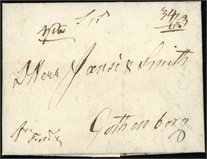 Komplett brev fra Christiania til Gøteborg 1. Februar 1813. Baksiden påskrevet 6 L (6 lypske skilling).