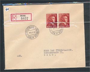 Rekbrev med par Nk 308 stemplet "MOSS FILATELISTKLUBBS TIÅRSJUBILEUM 19.11.42"