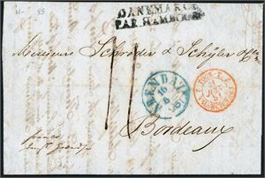 To komplett brev, begge stemplet "Arendal" i hhv, 1850 (i sort) og 1851 (i blått) og begge sendt til Bordeaux. "Danemarck Par Hamburg" samt fransk transittstempel på forsiden og "Hamburg" og ankomststempel på baksiden.