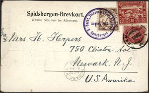 77,Spitsbergen nr 1,Spitsbergen E 8. 10 øre posthorn på postkort, stemplet "Hammerfest 6.8.03" og ved siden påsatt et 10 øre Spitsbergenmerke som er stemplet med det litt uvanlige "D-Yacht "Prinzessin Victoria Luise" Spitzbergen August 1903" i lilla. Kortet har også en 10 øre etikett som er skadet.