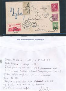 Underfrankert USA-brev til Norge 1931. Masse stempler foran og bak. Spesielt artig med T-stemplet Nk 184 Radium