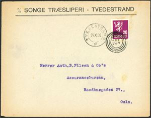 144. 20 øre Løve II på konvolutt, annullert med 4-rings "464" (Sandvad, Holt, AA) og ved siden "Tvedestrand 24.11.26".