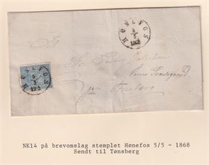 NK 14, Brevomslag st. Hønefos 5/5-1868 på 4 skill våpen