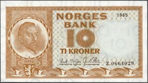 10 kroner 1965, serie Z.0664029. Erstatningsseddel. Meget pen. 01