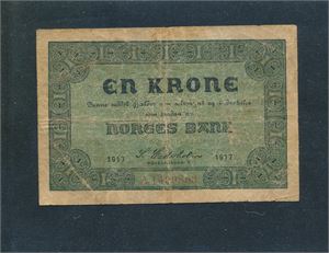 PENGESEDDEL 1kr 1917. Denne har vært betalt med mange ganger