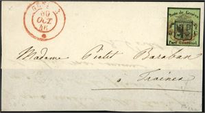 3. Switzerland. 5 c Geneva "Kleine Adler" on a part of a letter with postmark in red, and "Geneva 30 Oct 46" in red beside. The stamps with narrow  margins at all sides. Certificate Eichele (2014).
