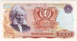 1000 kroner 1980 X.0848136 erstatningsseddel. Kv.01