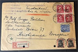 DANZIG Rek esperanto brev stemplet "DANZIG LANGFUHR 7.3.21" til Kristiania. 2 arkivhull nede. Dobbeltagging oppe på 80pf, se bilde