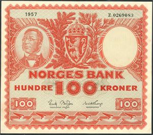 100 kroner 1957, serie Z.0269083. Erstatningsseddel. 1/1-