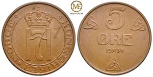 5 øre 1939 Haakon VII. Kv.0