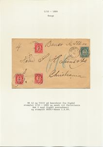 NK 42 og 53 III Bankobrev fra Sigdal 1/10-1889, sendt til Christiania Bak 2 segl Sigdals postaabneri og Radsfj.banen st.    Uvanlig portokombinasjon.