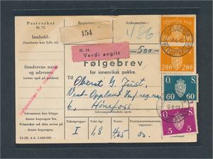 FELTPOST Følgebrev for verdipakke stemplet "GIMLEMOEN FELTPOSTÅPNERI 10-6-53" til Hønefoss