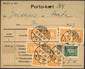 P 14,P 17, Porto-kart (Blankett nr.203.) påsatt en 10 øre- og åtte 100 øre "å betale", stemplet "Trondhjem Tur3 12.6.1923".