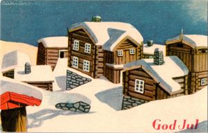 AUKRUST. Gårdstun med masse snø (Oppi 559/3). Stpl i 43. Kv. 1-2