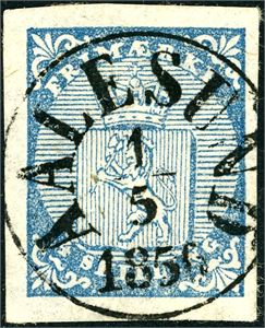 1. 4 skilling våpen 1855, pent fullstemplet "Aalesund 1.5.1856". Tre gode marger, normal i høyre side,