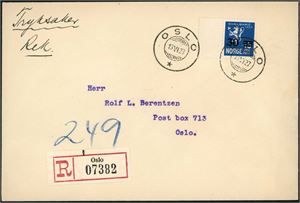 158. 30 øre Svalbardprovisorie på rekommandert konvolutt, stemplet "Oslo 13.6.27".