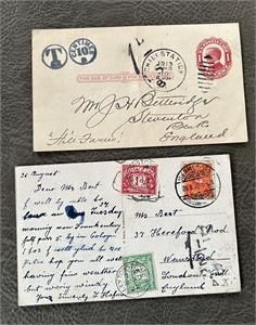 GB-PORTOMERKER på helsak fra USA 1913 og kort fra Tyskland 1922