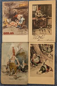 BERGSLIEN, Nils, lot 4 stk. 3 postkort og ett kartongkort, dette med en flekk. Alle brukt.