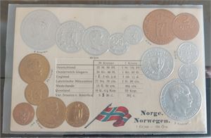 PENGAKORT, två opostade myntvykort Norge och Danmark med relief