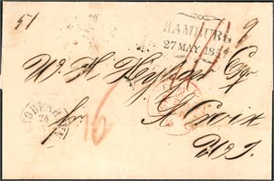 A complete letter, with "Kjøbenhavn 26.5.1857" cds together with "Hamburg-butterfly "27 may 1857" and "London 29 May 1857" and sent to St. Croix. On reverse a "KDOPA Hamburg" and two different "St. Thomas" postmarks. Postage 60 sk. Ex K. Klugman.