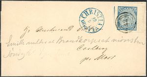 1. 4 skilling våpen 1855 på brevomslag, anert med nummerstempel "42" og ved siden stemplet "Christiania 19.9.1856". Merket med del av arkrand i høyre side, og på venstre side sees deler av nabomerket. Margene oppe og nede er også meget brede.