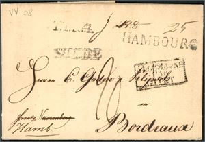 Komplett brev, datert "Fahrsund 31.12.1819" og sendt til Bordeaux. Påskrevet "Franco Nuernberg" som er rettet til "Franco Hamb" i nedre venstre hjørne. Stemplet "Suede", "Hambourg Par Givet", "Hambourg" samt "T.T.R.4".