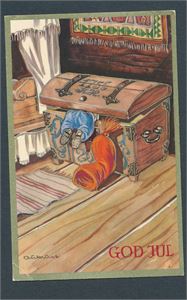 KUNSTNERKORT-AUKRUST Nisse som leter i kiste (Oppi 7260/40) brukt 1962, liten hjørnebrekk