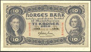 10 kroner 1943, serie D.5325159. 01