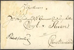 Komplett brev fra Tromsø til Christiansand, september 1823. Påskrevet "Betalt Directe". Noen sjolder.