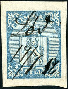 1. 4 skilling våpen 1855, anert med håndskrevet "Lød 14/9 56" (Lødingen). Meget brede marger i alle sider.