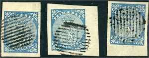 1. Tre 4 skilling våpen 1855, alle annullert med riststempel, og alle med arkrand i minst en side.