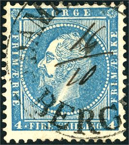 4. 4 skilling Oscar, aner med et rettvendt "Dampskibet Bergen" der datoen "16/10" er skrevet med blekk.