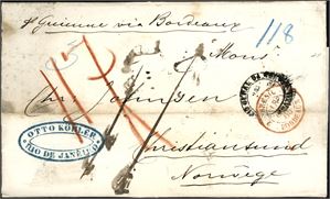 Ufrankert brevomslag, fra Rio de Janeiro til Christiansund i 1865. Forsiden med to stempler fra Brasil og baksiden stemplet "Sandøsund 22.10.1865". Omslaget med noe smuss.