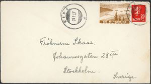 145. 20 øre Løve II på konvolutt, annullert med hjelpestempel "Eina 25.1.37" (OP). Ved siden en etikett "Se Ringerike".