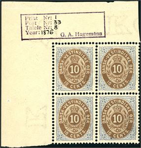 11. 10 c 1876, 1.st printing in a superb block of four, from the upper left corner.
