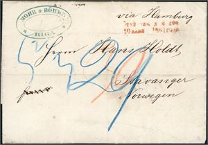 Komplett, ufrankert brev, datert "Riga 22 Mai 1867", og sendt til Stavanger. Baksiden med 3 stempler, bl.a. "Aus Russland über Bür. XI Edk. Brg. Porto" (Eydkuhnen-Bromberg) og "Sandøsund". Satt i porto med 30 skilling inkludert bærepenge 1 skilling.