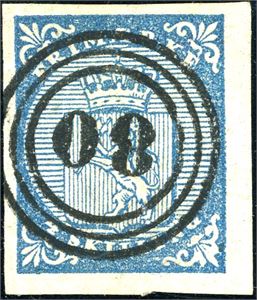 1. 4 skilling våpen 1855, anert med nummerstempel "80" (Fron, OP, 6 pkt). To gode- og to litt smale marger.