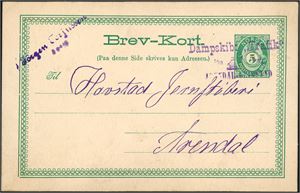 5 øres Brev-Kort, sendt i fra Fevig til Arendal, annullert med det private stempelet "Dampskibet "Trafik" Arendal-Grimstad" i lilla farge i 1889.