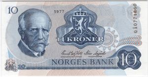 10 kroner 1977 QÅ erstatningsseddel. Kv.0